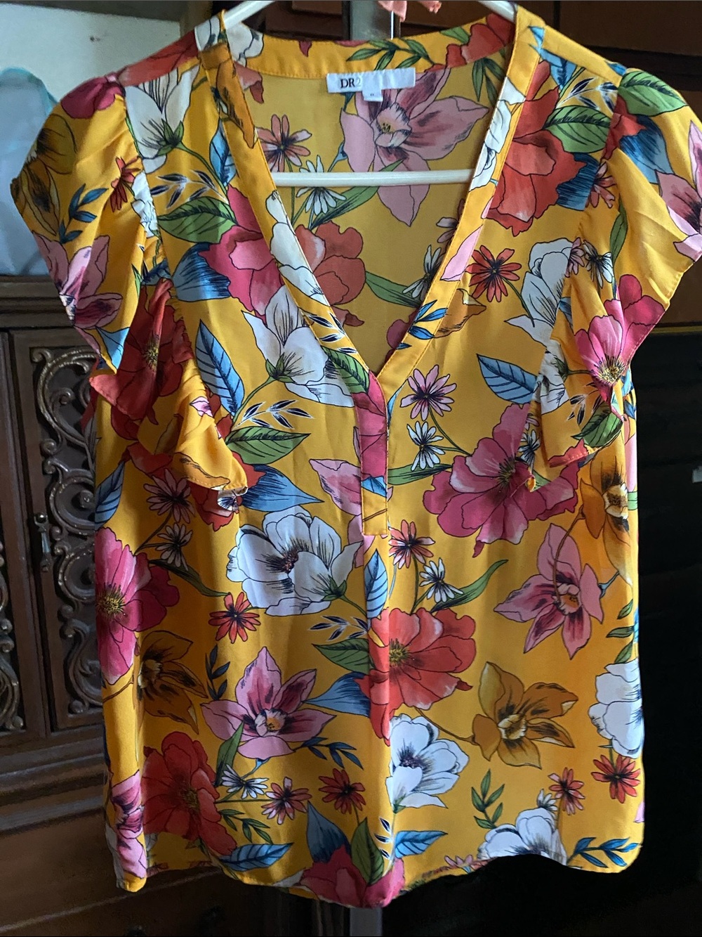 DR2 Yellow Floral V-Neck Flutter Sleeve Blouse